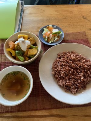 Vegetable Tofu Amok ($4.50 for amok, rice, small soup, pickled vegetables, and dessert).  at Sthāni V² in Phnom Penh