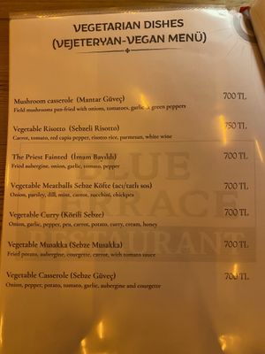 Vegetarian-vegan menu section (all dishes in this  section can be served vegan)  at Blue Terrace in Kalkan