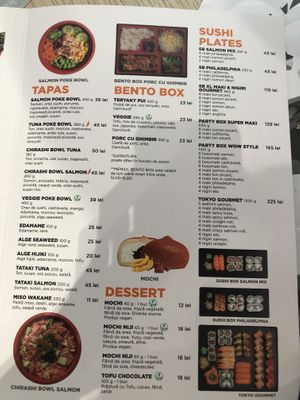 Menu showing vegan poke bowl, vegan bento box and delicious vegan desserts!  at Japanos Athenaeum in Bucharest