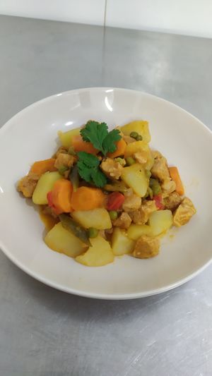 Soya with potatoes, carrots, sweet peas, green beans. Soja Jardineira. at Cajual Vegan Foodsters in Loule