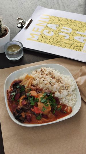 Feijoada - bean, veggies and mushroom stew at Cajual Vegan Foodsters in Loule
