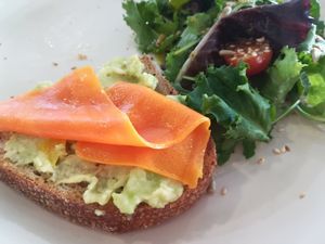 Toast with vegan salmon at Cajual Vegan Foodsters in Loule