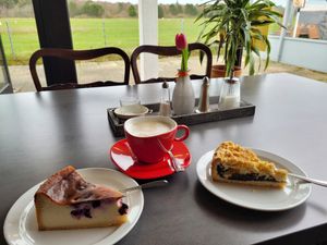 Käsekuchen mit Blaubeeren und Mohn-Mandarinen-Streuselkuchen at Cafe Restaurant Am Flugplatz in Wyk Auf Foehr