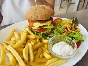 Burger mit Pommes  at Cafe Restaurant Am Flugplatz in Wyk Auf Foehr