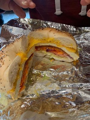 Vegan chicken club (they use seasoned tofu for the chicken)  at Empire Bagels in Harrison