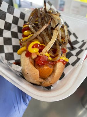 Hot dog with grilled onions ( optional) at Araujo's Plant Powered - Ghost Kitchen in Las Vegas