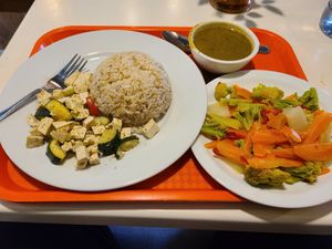 Mixed rice and a tofu dish with zucchini and other stuff, on the right is a broccoli, potato, and carrot salad at Restaurante Vegetariano Raices in Santo Domingo