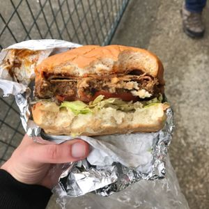 Bacon and cheese burger at Loving Hut Express - Food Cart in Vancouver
