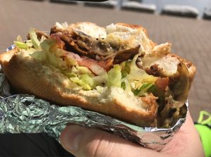 mushroom burger at Loving Hut Express - Food Cart in Vancouver