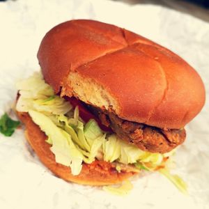 Crispy Chicken Burger at Loving Hut Express - Food Cart in Vancouver