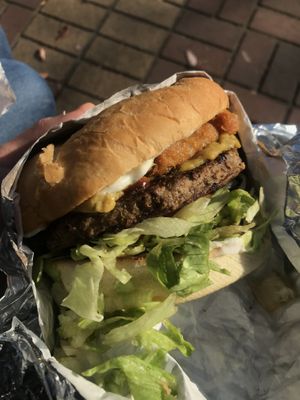 BBQ onion rings burger at Loving Hut Express - Food Cart in Vancouver