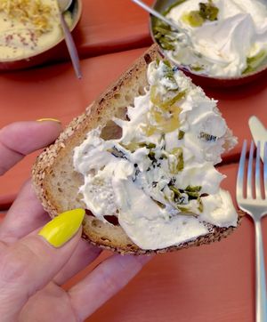 Cultured cashew spread with spring onions - super creamy and super delicious!  at Little Saint in Healdsburg