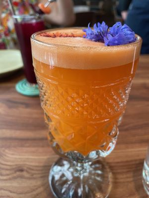 Aquafaba used on the carrot based take on a Pisco sour.  Delicious   at Little Saint in Healdsburg