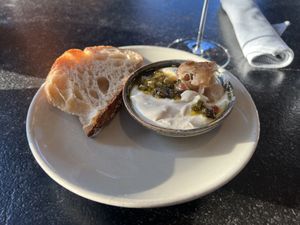 Cultured cashew with spring onions dip appetizer - I chose bread but I think they had veggies available too.  at Little Saint in Healdsburg