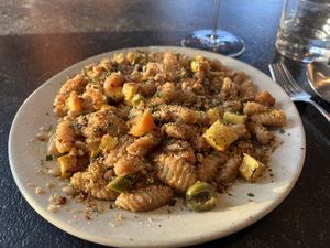 Gnochetti with butternut squash, lemons, olives, pine nuts and red pepper flakes  at Little Saint in Healdsburg