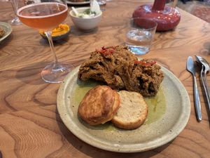 Sparkling Rose, deep fried oyster mushroom and biscuit  at Little Saint in Healdsburg