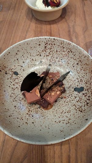 Chocolate brownie and ice cream, nuts at Little Saint in Healdsburg