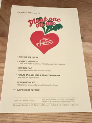 Valentine special dinner menu   at Little Saint in Healdsburg