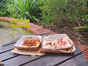 Margarita Foccacia and a maple and bacon doughnut at Belén Vegan Bakery in Wellington