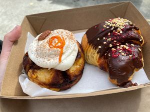 Carrot cake cinnamon bun, Chocolate and raspberry croissant at Belén Vegan Bakery in Wellington