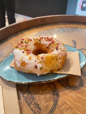 Lemon raspberry ring donut at Belén Vegan Bakery in Wellington