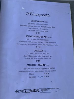 Menu - main dishes (pasta with mushroom-sauce)  at Seehaus Cafe Restaurant Pizzeria in Riegersburg