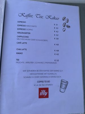 Menu - hot drinks (soy and oat milk available)  at Seehaus Cafe Restaurant Pizzeria in Riegersburg