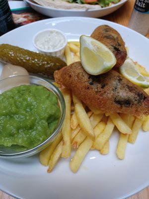 "Fish" and chips, made with banana blossom at The Little Vegan Food Place - Kiosk in Ramsgate