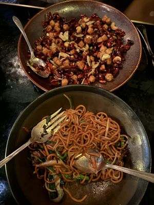 Crispy chicken and noodles  at Mott 32 in Las Vegas