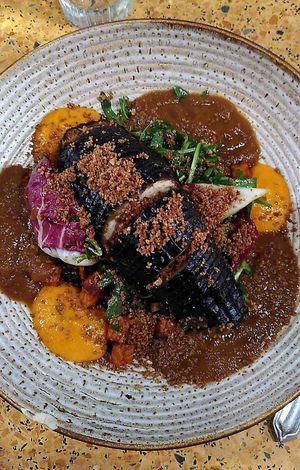 Main dish of the week, veganised. Hasselback eggplant with pumpkin cream and radicchio at Flow Yoga & Food in Delft