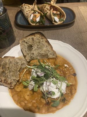 Above: Greek gyros flatbread. Below: Tuscan bean dish  at Wild Cafe in Marsden
