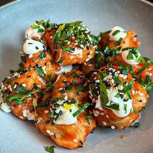 BANG BANG CAULIFLOWER tempura cauliflower in a sweet & spicy buffalo sauce with black sesame seeds and lime vegan mayo Available on the Vegan menu and the £14.95 Vegan set menu
 at Albert's Worsley in Swinton