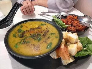 Meal Maker Soup with French Loaf - highly recommended (a cross between veggie stew & mee soto soup) at Gopal's The Holy Cow in East Singapore