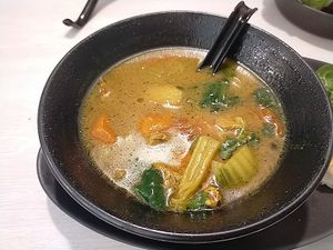 Meal maker soupwith French Loaf - herby soup with tumeric, potatoes, carrots, celery & mock mutton 👍🏻😋 at Gopal's The Holy Cow in East Singapore