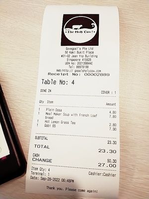 Reasonable prices at Gopal's The Holy Cow in East Singapore