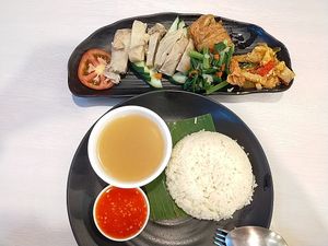 Hainanese Rice set - soft fragrant rice with chix, greens, achar & soup - well-balanced seasoning & so yummy! at Gopal's The Holy Cow in East Singapore