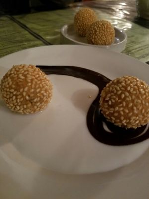 Yin & Yang: red bean sesame balls with coconut cream and chocolate at Phoenix Garden in Richmond