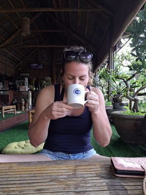 Dutch Lady cup with dutch lady drinking out of it haha at Quoc Linh Eco Village Retreat in Hoi An