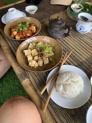 Tofu with tomatosauce and lemongrass  at Quoc Linh Eco Village Retreat in Hoi An