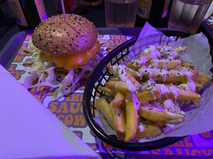WAP burger and garlic parm fries - soooooo delicious   at The Saucy Cow in Dublin