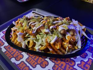 Hot papi fries with soy Chick’n patty  at The Saucy Cow in Dublin