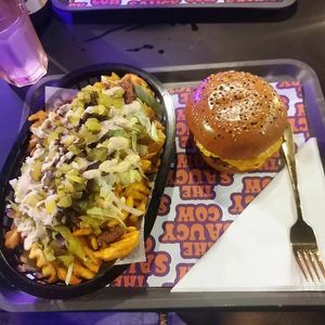 Big Mac loaded fries and a cheeze burger at The Saucy Cow in Dublin