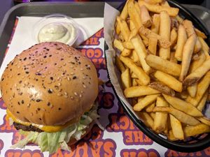Big Wap burger, fries, garlic dip! at The Saucy Cow in Dublin