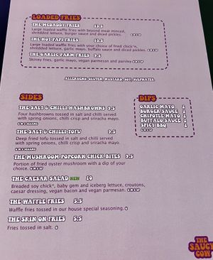 Back of the menu with the sides  at The Saucy Cow in Dublin