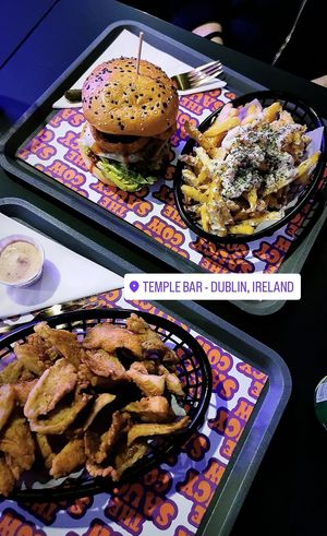 Burger, galirc fries and mushroom bites at The Saucy Cow in Dublin