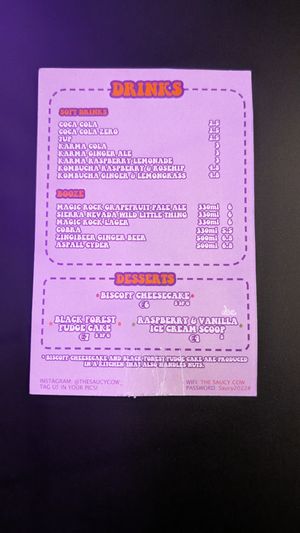 Drinks menu at The Saucy Cow in Dublin