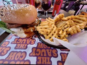 The Buckfast Barbecue burger and waffle fries. at The Saucy Cow in Dublin