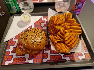 Cheesy Burger with fries at The Saucy Cow in Dublin