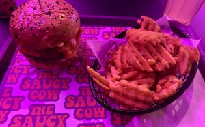 Classic burger with waffle friess  at The Saucy Cow in Dublin