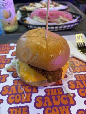 Vegan Southern burger with added vegan cheese.  at The Saucy Cow in Dublin